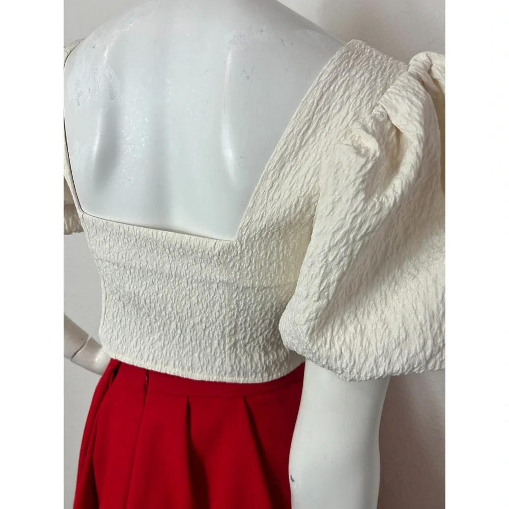 Zara Textured Puff Sleeve Crop Top NWT M Cream Square Neck Corset Blouse Barmaid